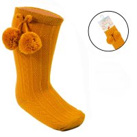 S355-M: Mustard Knee Length Socks w/Pom Pom (0-24 Months)